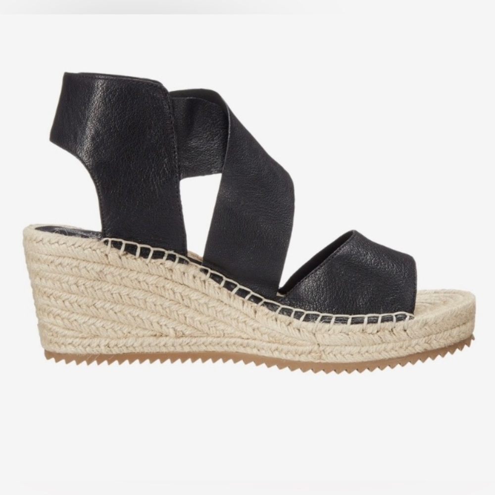 Eileen Fisher Willow Espadrille Wedge Sandals Tumbled Leather Black Size 7